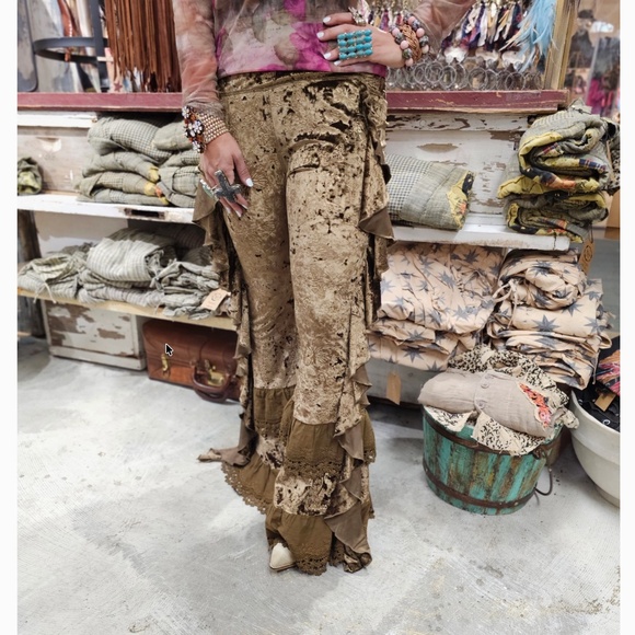 A Rare Bird Pants - A Rare Bird Brown Butterfly Embossed Stretchy Waist Lace Ruffle Pants